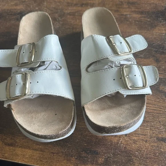 Rialto Womens Farina Sandals 8.5 White Slip On Slides Comfy Cork Wedge Platform - Picture 3 of 11